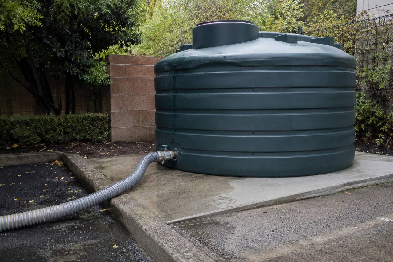 Green water storage tank being filled with hose, Napa Valley